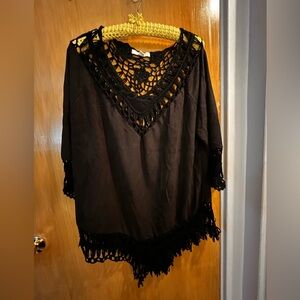 Ya Los Angeles Black Crochet Faux Suede Poncho OS EUC